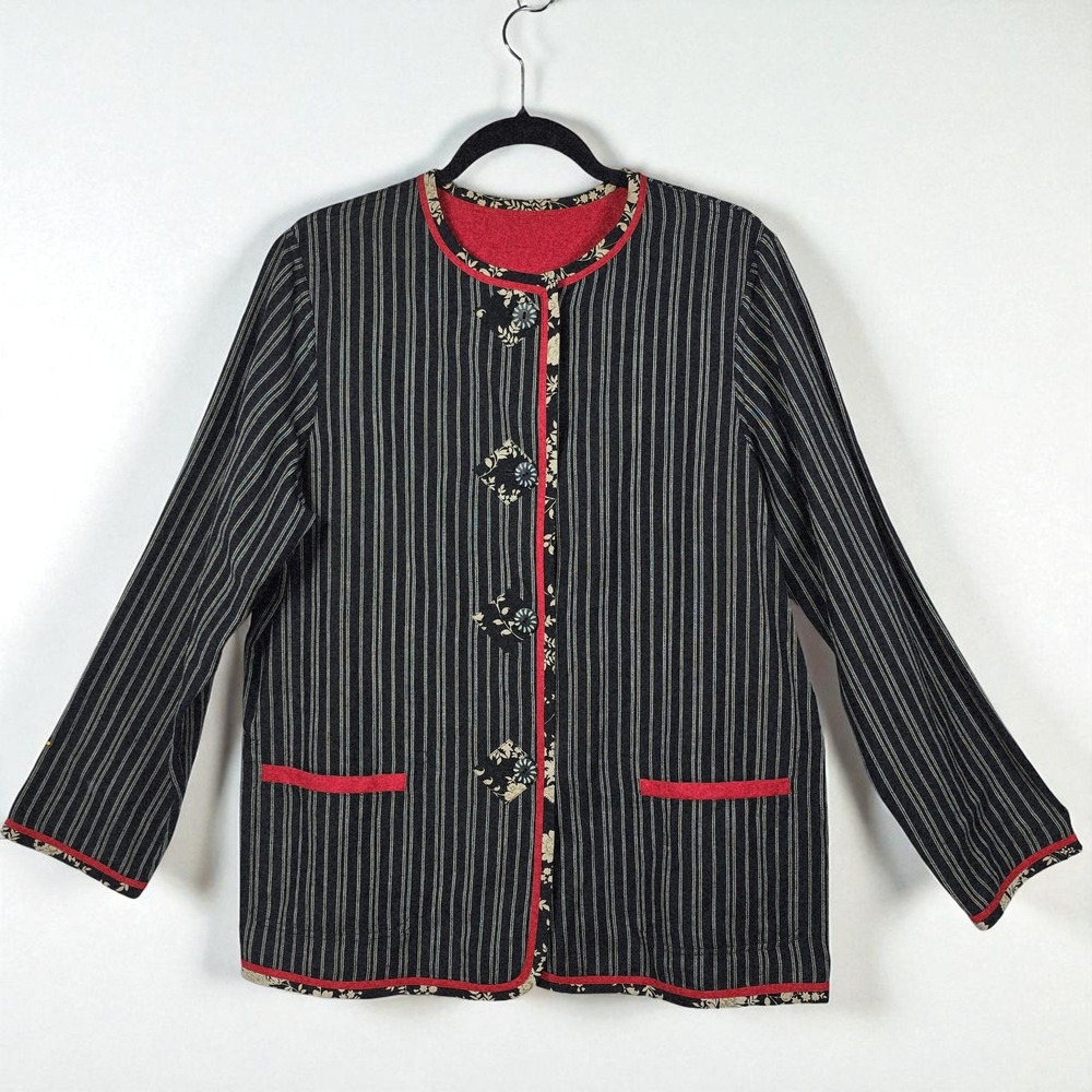VTG KOOS of course! Reversible Jacket Black Stripe Red Floral‎ Trim Woman Medium